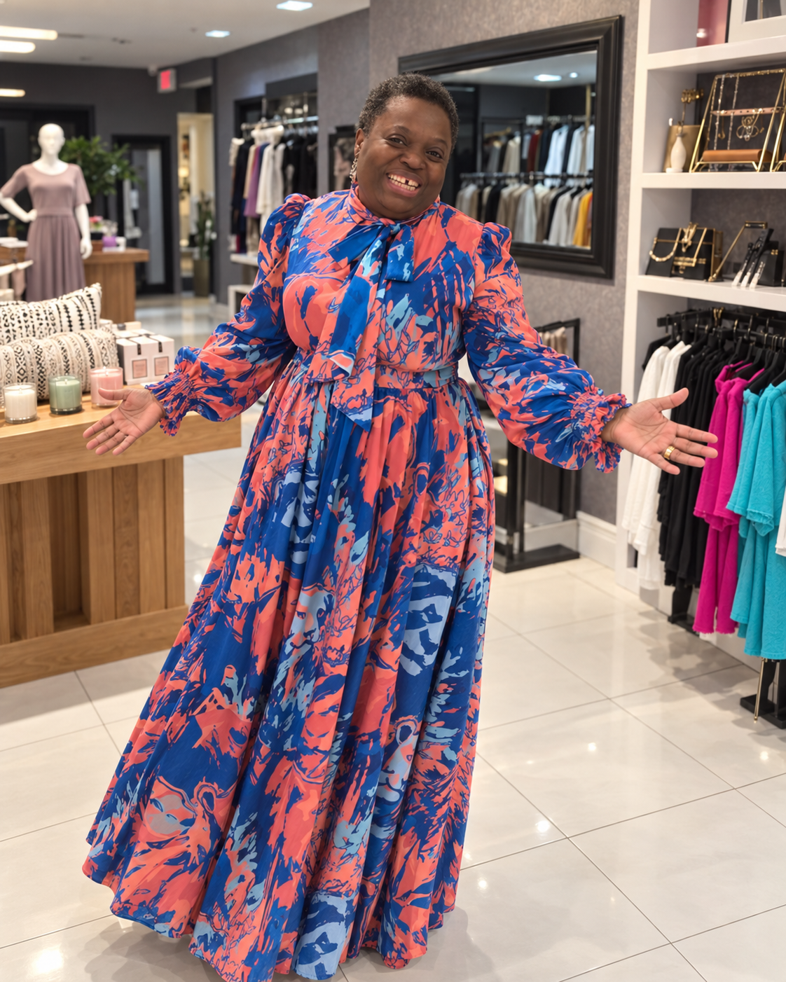 Karen Ferguson smiling warmly in a colourful Canadian designer dress inside Wilkes and Bowens